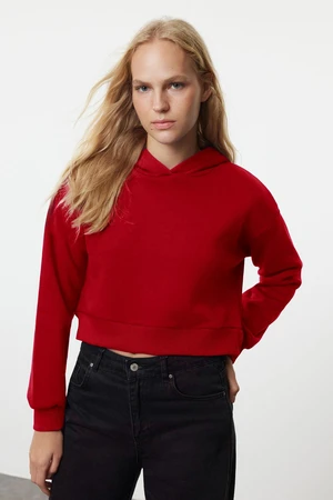 Trendyol Red Thick Fleece Hooded Relaxed Cut Crop Basic Knitted Sweatshirt