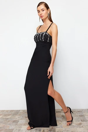 Trendyol Woven Long Evening Dress with Black Stone Accessories