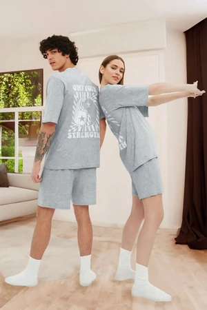 Trendyol Grey Unisex 100% Cotton Slogan Printed T-shirt-Shorts Knitted Pajama Set