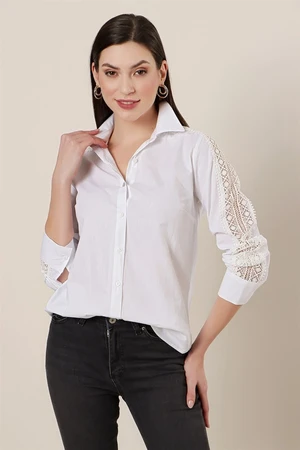 By Saygı Shirt with Lace Detail on the Sleeves is White