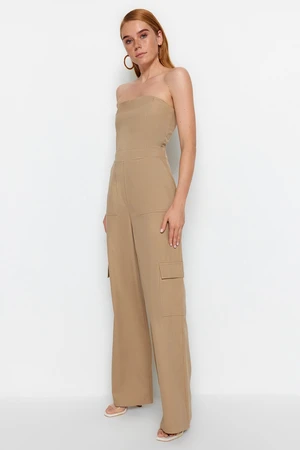 Trendyol Camel Cargo Pocket Strapless Collar Maxi Woven Jumpsuit