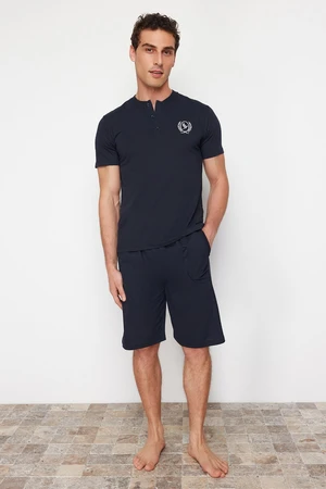 Trendyol Navy Blue Buttoned Collar Regular Fit Pajamas Set with Knitted Shorts