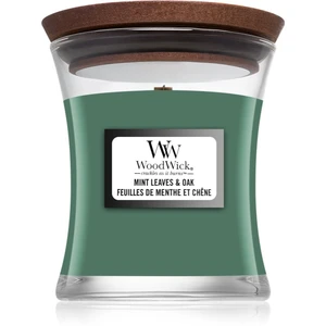 Woodwick Mint Leaves & Oak vonná svíčka s dřevěným knotem 85 g