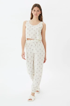 Trendyol White Floral Pattern Woven Pajamas Set