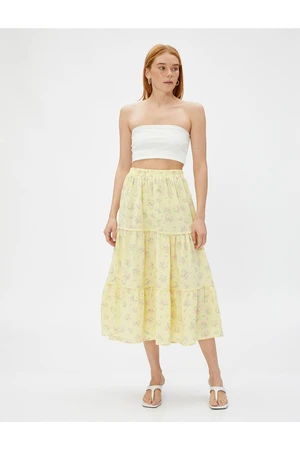 Koton Floral Midi Length Skirt with Elastic Waist.