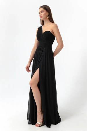 Lafaba Women's Black One-Shoulder Slit Long Evening Dress