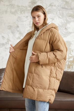 InStyle Bona Hooded Crinkle Puffer Coat - Tan