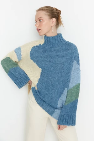 Trendyol Blue puha texturált színes blokk kötöttáru pulóver