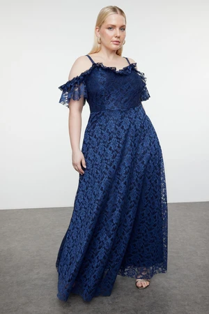 Trendyol Curve Navy Blue Straped A-Line/A-Line Lace Long Evening Dress/Graduation/Engagement/Evening Dress