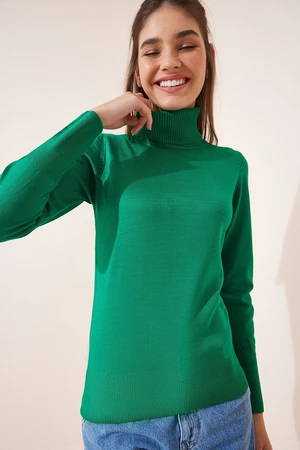 Happiness İstanbul Women's Vibrant Green Turtleneck Lightweight Balloon Sleeves Knitwear Sweater