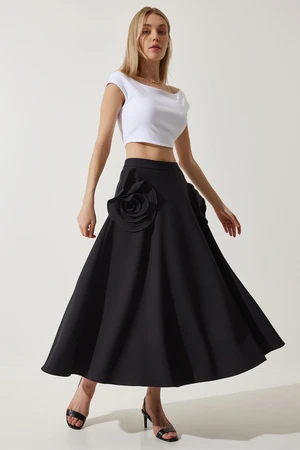 Happiness İstanbul Women's Black Rose Accessory Design Premium Midi Skirt