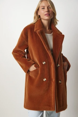 Štěstí İstanbul Dámské Tan Rabbit Hair Look Oversize Coat