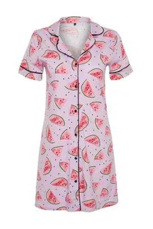 Trendyol Curve Pink Watermelon Patterned Shirt Collar Piping Knitted Nightgown