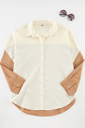 Trendyol Curve Ecru Color Block Boyfriend Wide Fit Woven Shirt