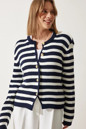 Happiness İstanbul Women's Ecru Navy Blue Waistband Striped Knitwear Cardigan