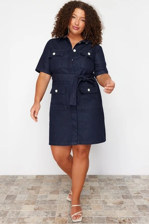 Trendyol Curve Dark Blue Belt Detailed Mini Denim Shirt Dress