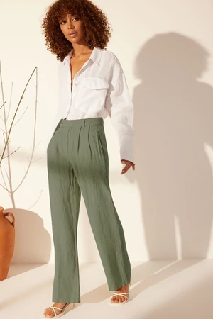 Trendyol Green 100% Linen Pleated High Waist Wide Leg Trousers