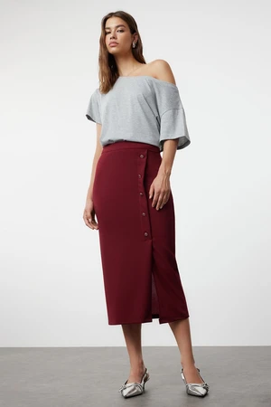 Trendyol Burgundy Smart Crepe Button Detailed High Waist Midi Pencil Flexible Knitted Skirt