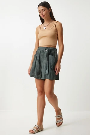 Happiness İstanbul Women's Dark Khaki Belted City Length Woven Shorts