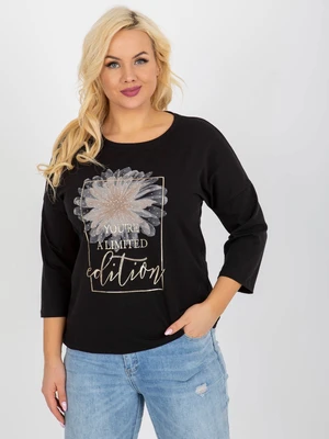 Women's black blouse plus size with inscription and rhinestones