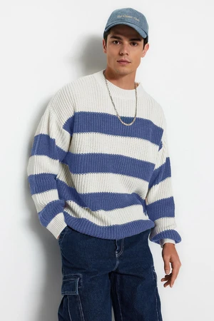 Trendyol Blue Oversize Crew Neck Striped Knitwear Sweater