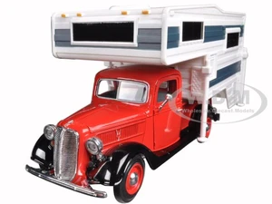 1937 Ford Pickup Truck with Camper Shell Red and White 1/24 Diecast Model Car by Motormax