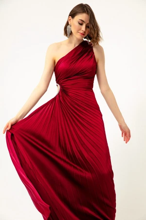 Lafaba Women's Red One-Shoulder Decollete Long Evening Dress