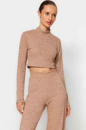 Trendyol Brown Stand-Up Collar, Soft Crop and Wide Leg / Wide Leg Knitted Top and Bottom Set