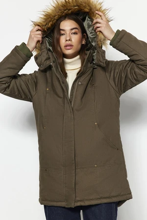 Trendyol Khaki Fur Parka Coat with a Hooded Water Repellent