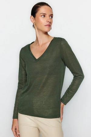 Trendyol Khaki V-Neck Linen Look Long Sleeve Regular Fit Knitted Blouse