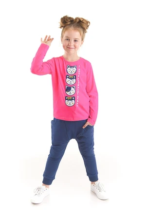 Denokids Japan Cats Cat Girl Child Pink T-shirt and Navy Blue Pants Set.