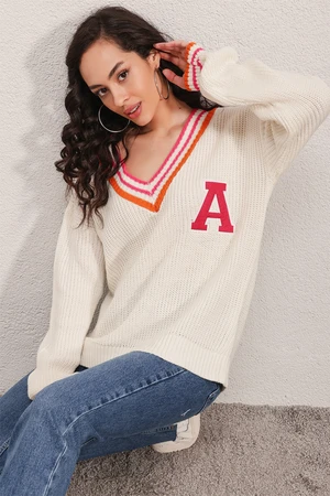 Bigdart 15802 V Neck College Knitwear Sweater - Fuchsia