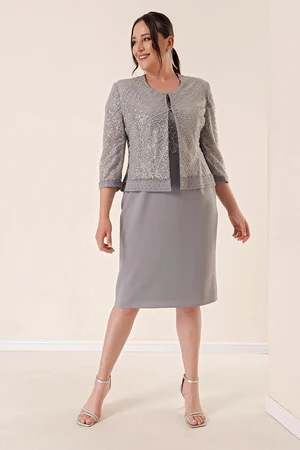 By Saygı Imported Crepe Griter Dress and Jacket Plus Size Suit Silver