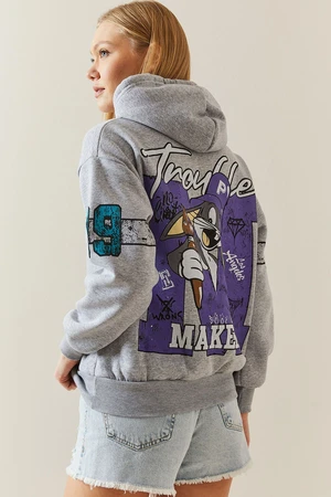 XHAN Gray Melange Raised & Back Printed Hooded Sweatshirt