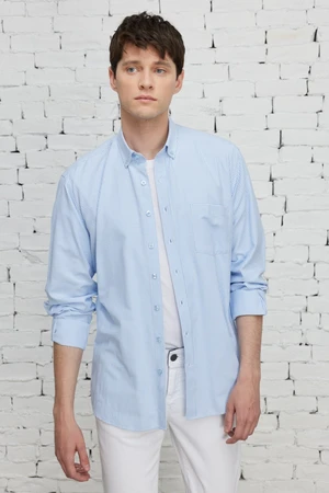 ALTINYILDIZ CLASSICS Men's White-blue Comfort Fit Comfy Cut Buttoned Collar Cotton Dobby Shirt.