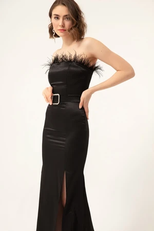 Lafaba Women's Black Strapless Mermaid Evening Dress with Stones and a Belt.