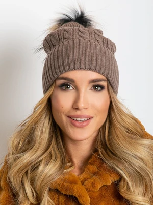 Dark beige hat with fur pompom