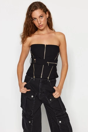 Trendyol X Sagaza Studio Black Metal Zippered Bustier With Belt