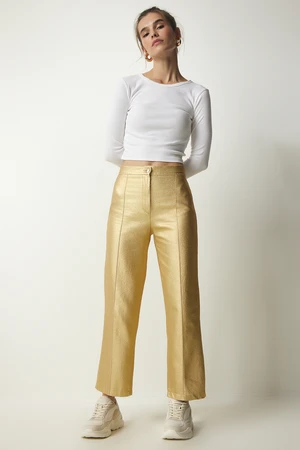 Happiness İstanbul Women's Metallic Yellow Metallic Carrot Pants