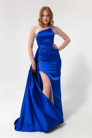 Lafaba Women's Sax One-Shoulder Long Satin Evening Dress with Stones.