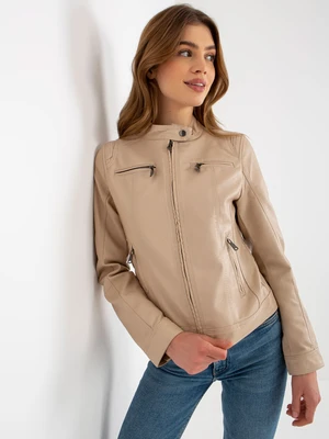 Beige motorcycle jacket made of artificial leather with pockets