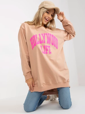 Beige and pink oversize long sweatshirt with inscription