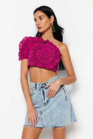 Trendyol Fuchsia Crop Weave Ruffled One-Shoulder 100% Cotton Blouse