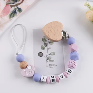 Personalized Name Baby Pacifier Clips Chains Heart Beech Silicone Beads Teethers Dummy Nipple Holder Clip Newborn Teething Toys