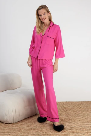 Trendyol Fuchsia Pile Shirt-Pants Woven Pajamas Set