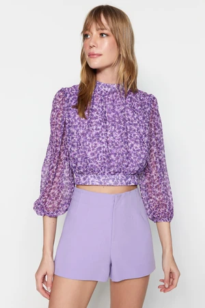 Trendyol Purple Floral Crop High Neck Woven Blouse