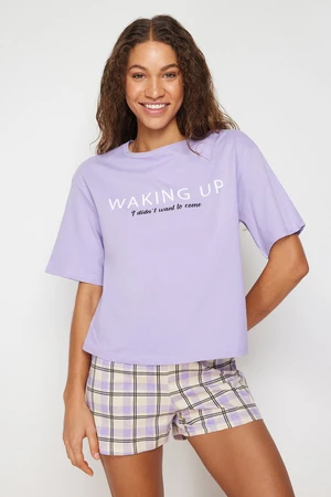 Trendyol Lilac 100% Cotton Slogan Printed Knitted Pajama Set