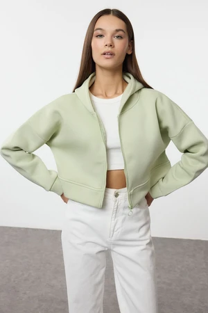 Trendyol Mint Zippered Hooded Casual Cut Crop Thick Polar Fleece Knitted Sweatshirt