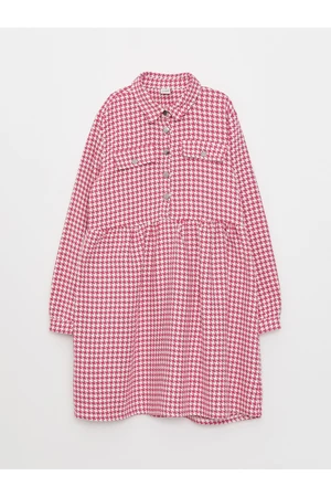 LC Waikiki Shirt Collar Houndstooth Patterned Long Sleeve Girls' Dress