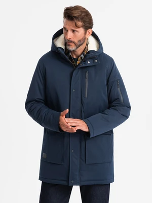 Ombre Men's long parka sherpa jacket – navy blue